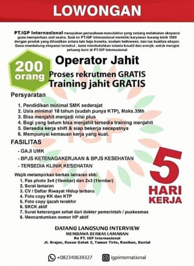Disnakertrans Lowongan Operator Jahit Di Pt Igp Internasional Yogyakarta